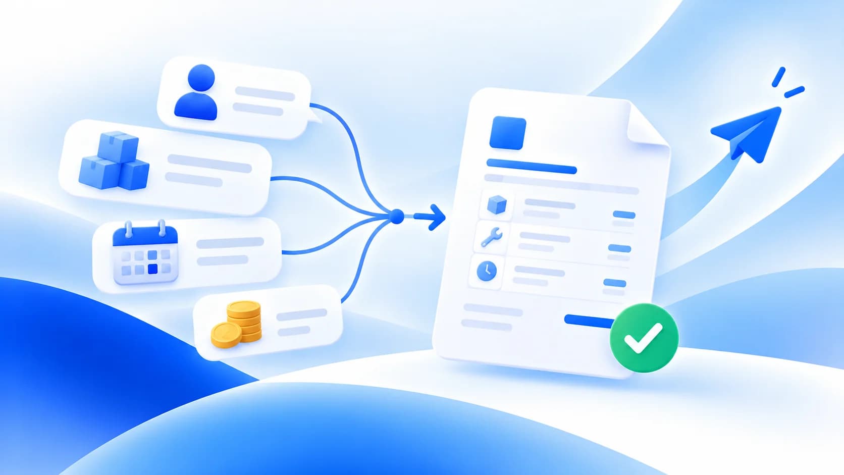 Des informations client et de prestation convergent vers un devis validé.