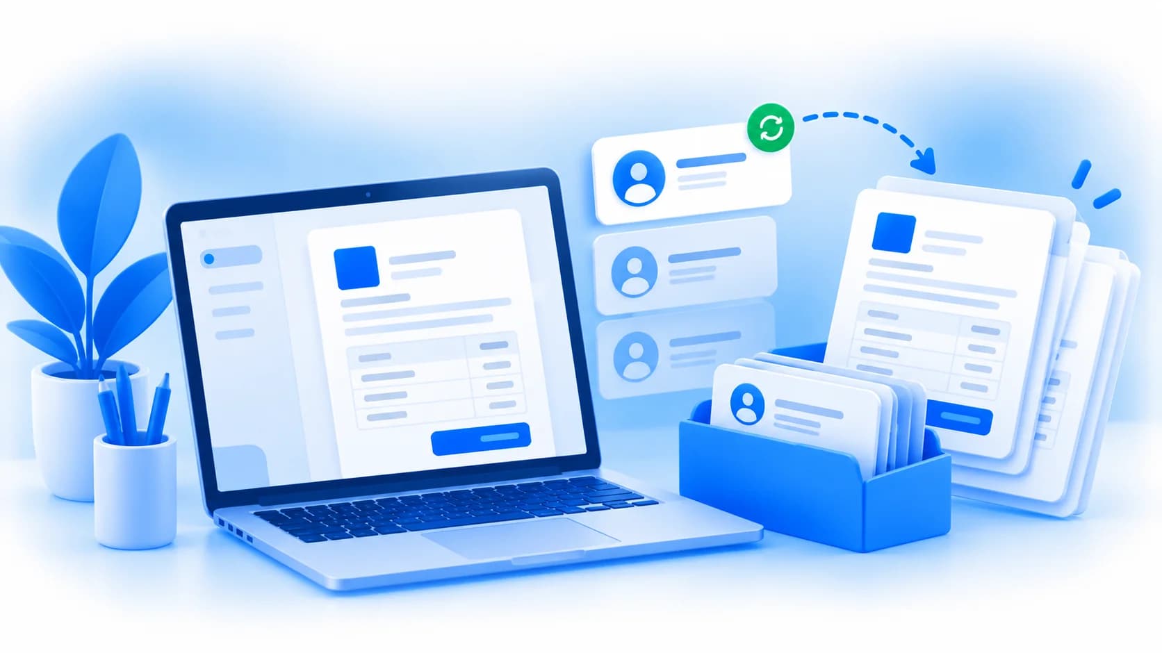 Client profiles move among a computer, invoices and a folder.