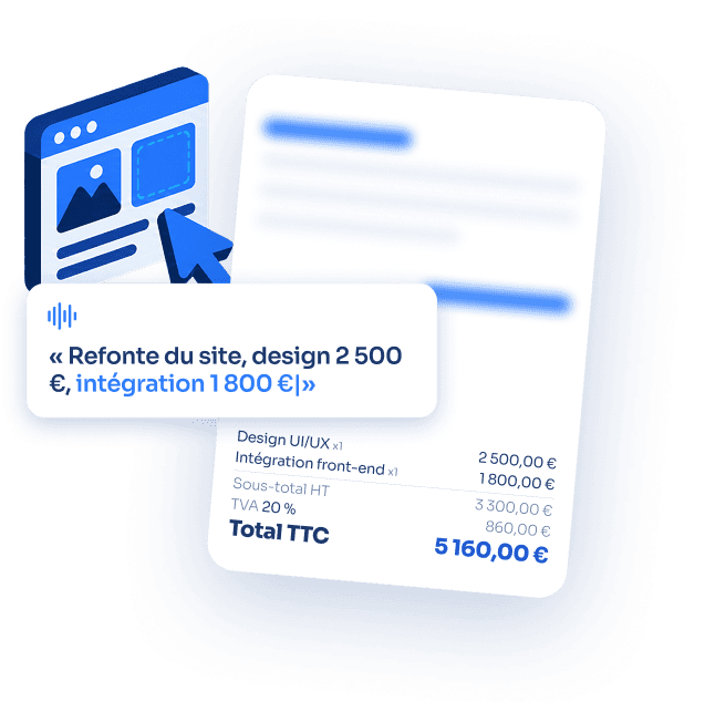 Création web : refonte du site, design 2 500 €, intégration 1 800 €.