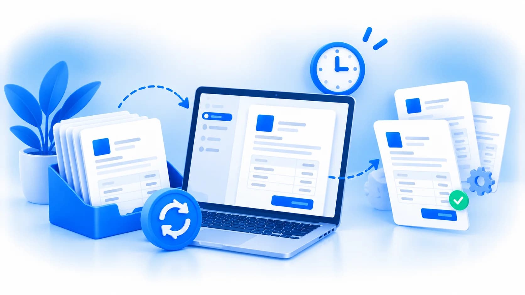 An invoice folder links a computer to a recurring deadline.