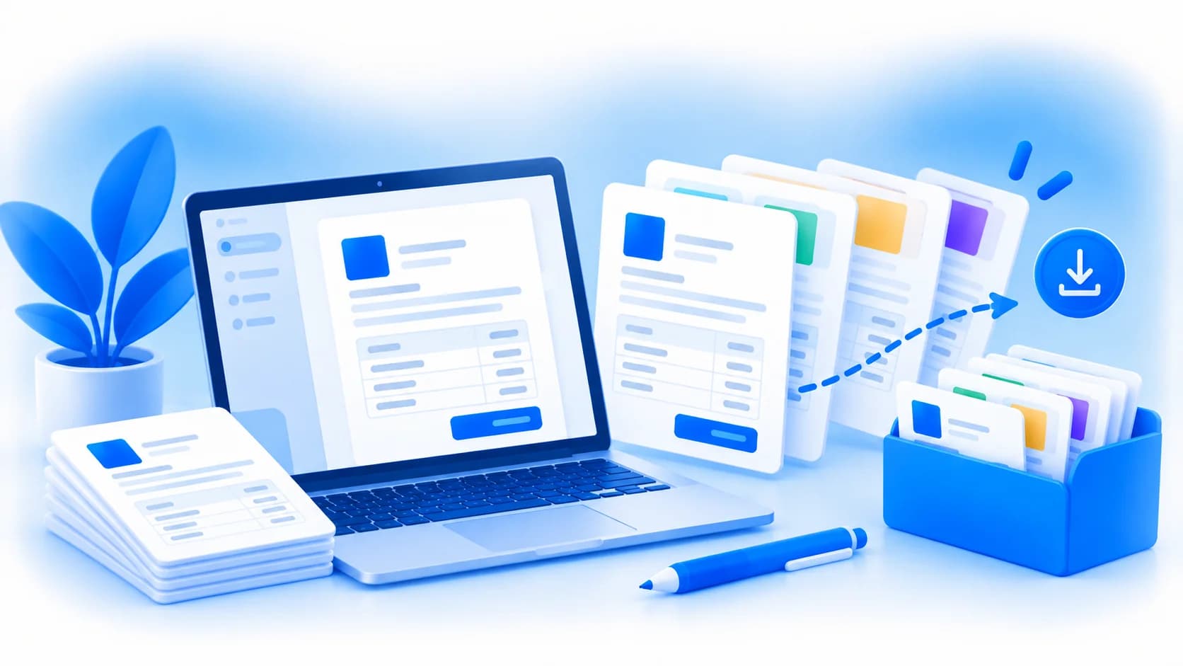 Document templates move from a folder to a computer and then a download.